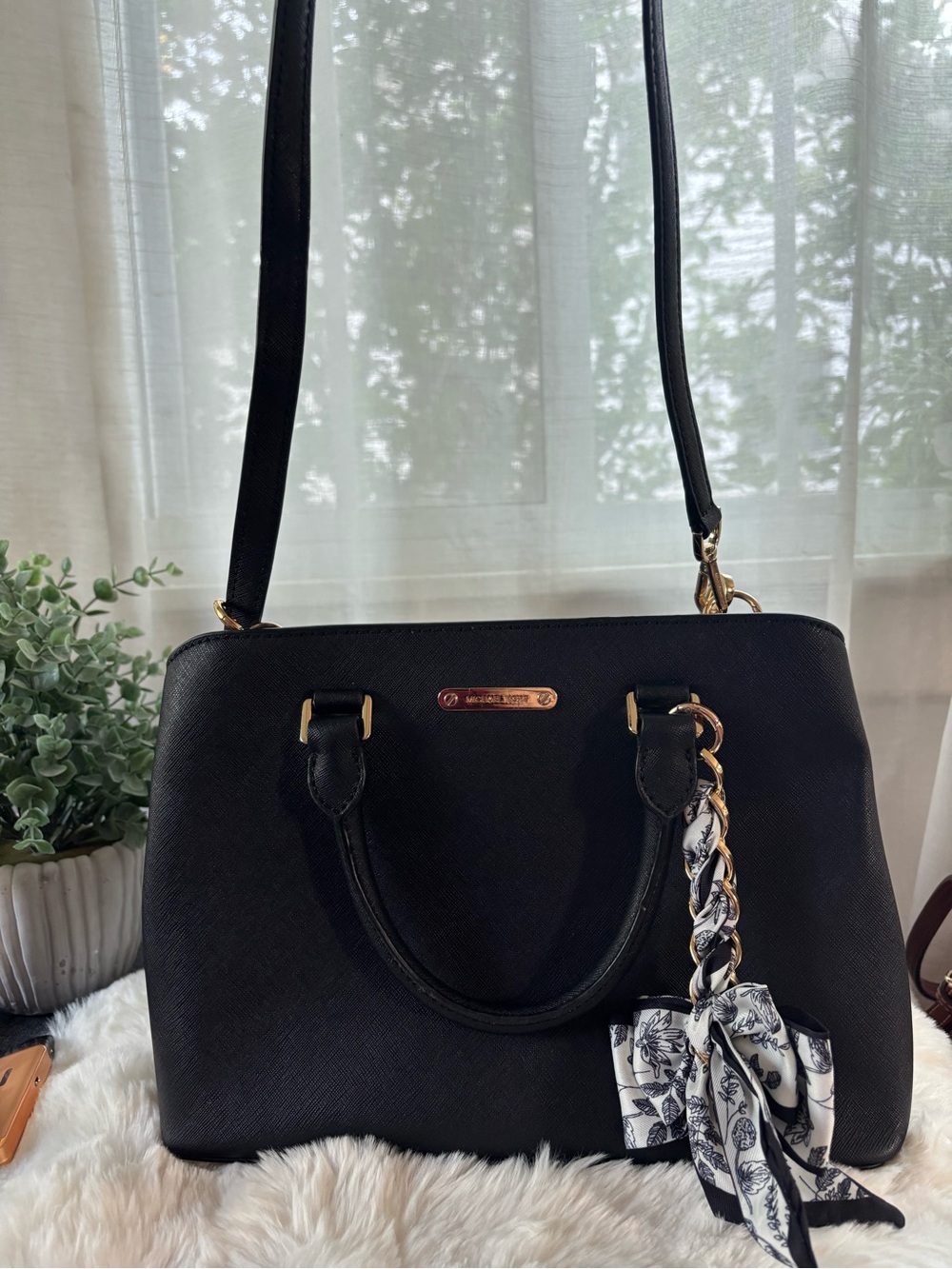 Michael Kors Black Saffiano Satchel with Scarf Chain Accent